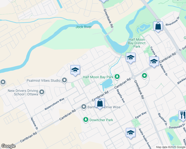 map of restaurants, bars, coffee shops, grocery stores, and more near 2210 River Mist Road in Ottawa
