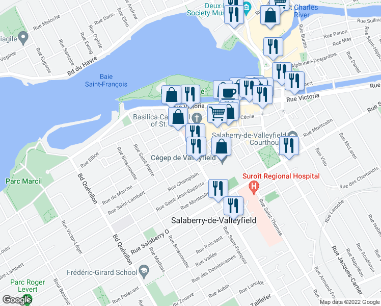 map of restaurants, bars, coffee shops, grocery stores, and more near 76 Chemin Larocque in Salaberry-de-Valleyfield
