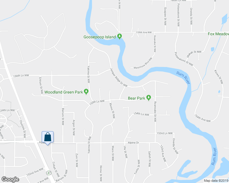 map of restaurants, bars, coffee shops, grocery stores, and more near 15575 Xkimo Street Northwest in Ramsey