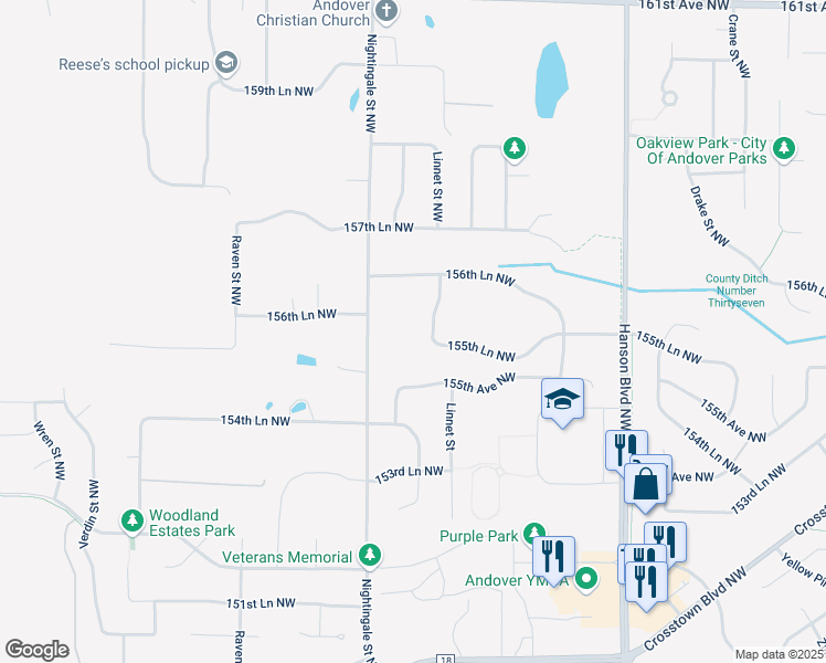 map of restaurants, bars, coffee shops, grocery stores, and more near 15570 Linnet Street Northwest in Andover
