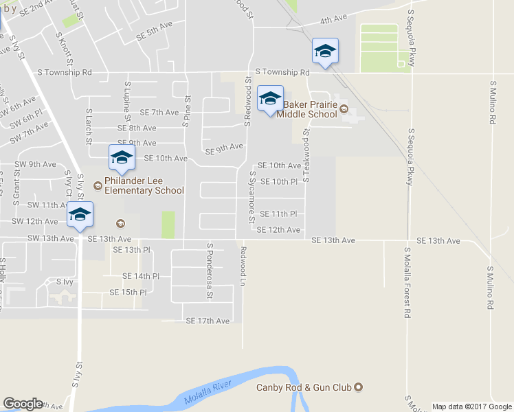 map of restaurants, bars, coffee shops, grocery stores, and more near 1172 South Sycamore Street in Canby