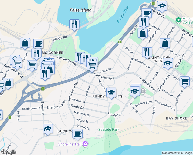 map of restaurants, bars, coffee shops, grocery stores, and more near 506 Havelock Street in Saint John
