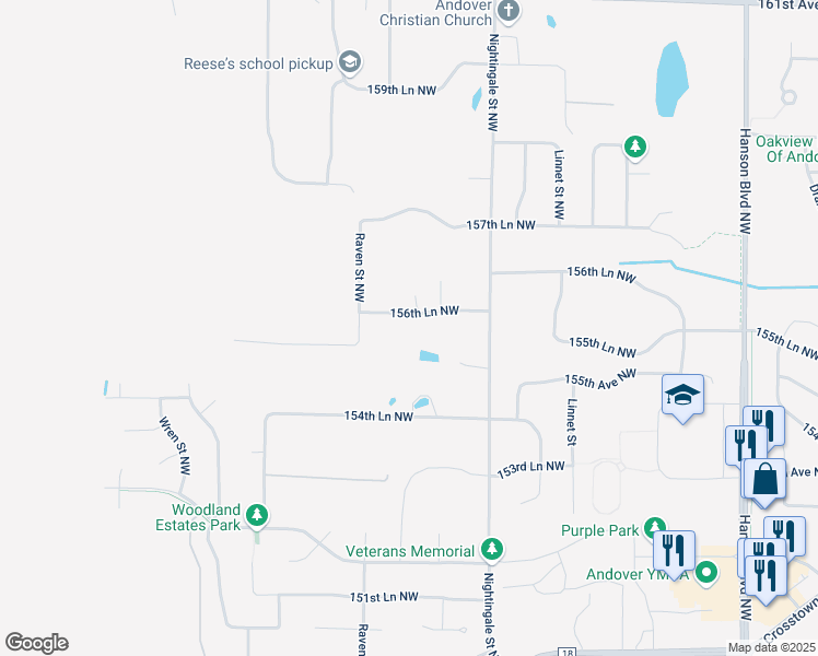 map of restaurants, bars, coffee shops, grocery stores, and more near 2114 156th Avenue Northwest in Andover