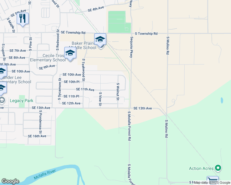 map of restaurants, bars, coffee shops, grocery stores, and more near 1277 South Walnut Road in Canby