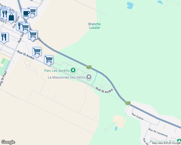 map of restaurants, bars, coffee shops, grocery stores, and more near 1149 Avenue des Jardins in Saint-Rémi