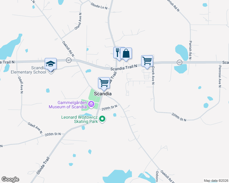 map of restaurants, bars, coffee shops, grocery stores, and more near 14768 Oakhill Road North in Scandia