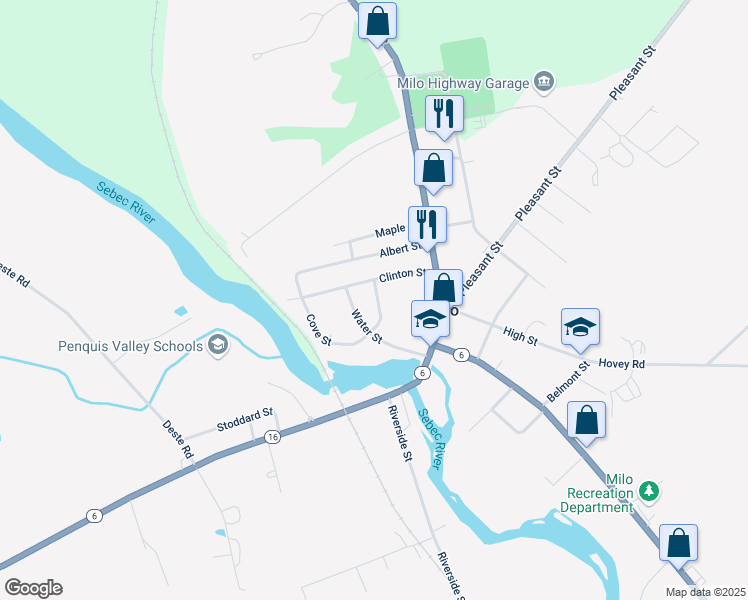 map of restaurants, bars, coffee shops, grocery stores, and more near 9 Crescent Street in Milo