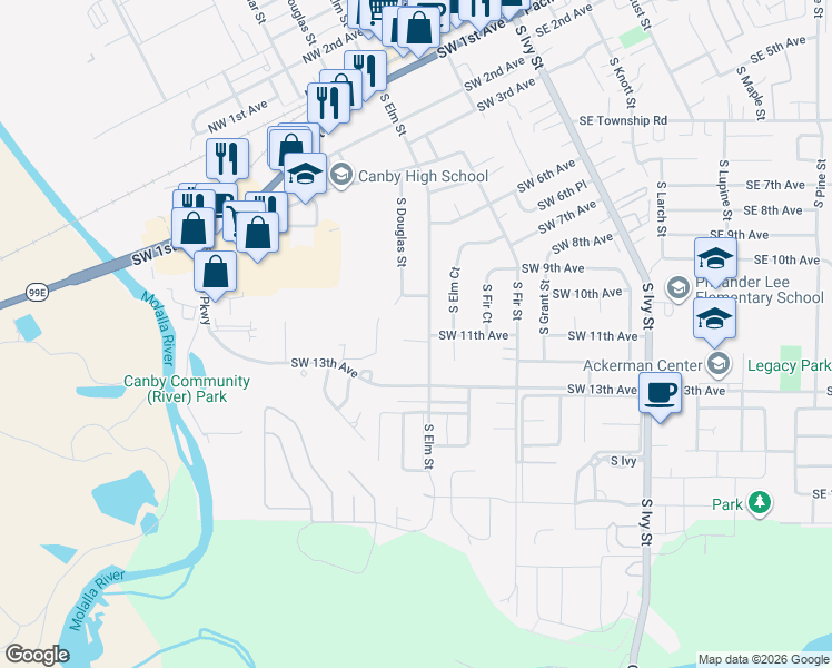 map of restaurants, bars, coffee shops, grocery stores, and more near 1185 South Elm Street in Canby