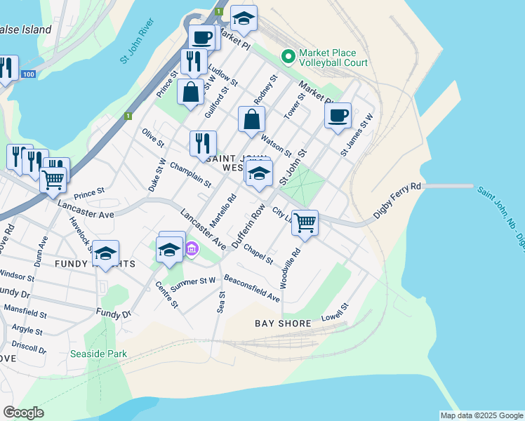 map of restaurants, bars, coffee shops, grocery stores, and more near 315 Dufferin Row in Saint John