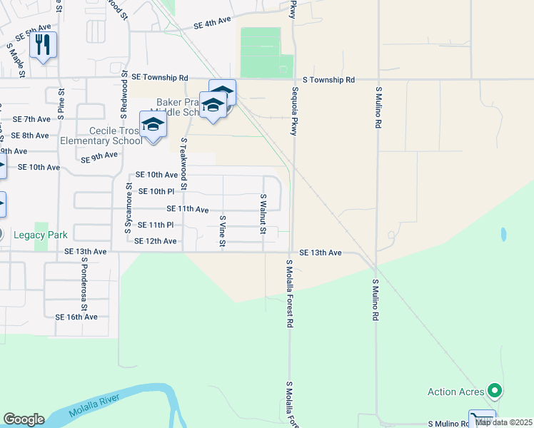 map of restaurants, bars, coffee shops, grocery stores, and more near 1277 South Walnut Road in Canby