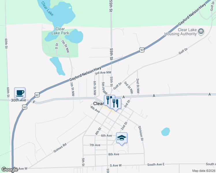 map of restaurants, bars, coffee shops, grocery stores, and more near 2nd Avenue Northwest in Clear Lake
