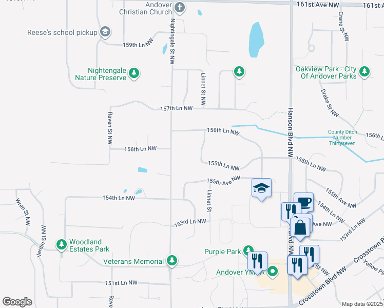 map of restaurants, bars, coffee shops, grocery stores, and more near 15570 Linnet Street Northwest in Andover