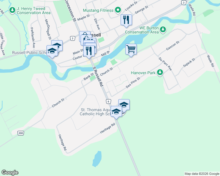 map of restaurants, bars, coffee shops, grocery stores, and more near 207 Stiver Street in Russell