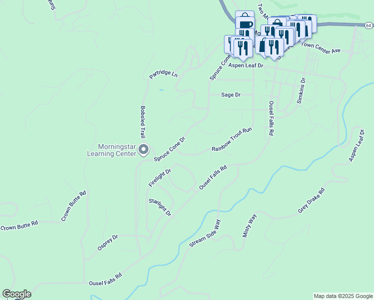 map of restaurants, bars, coffee shops, grocery stores, and more near 57 Rainbow Trout Run in Big Sky