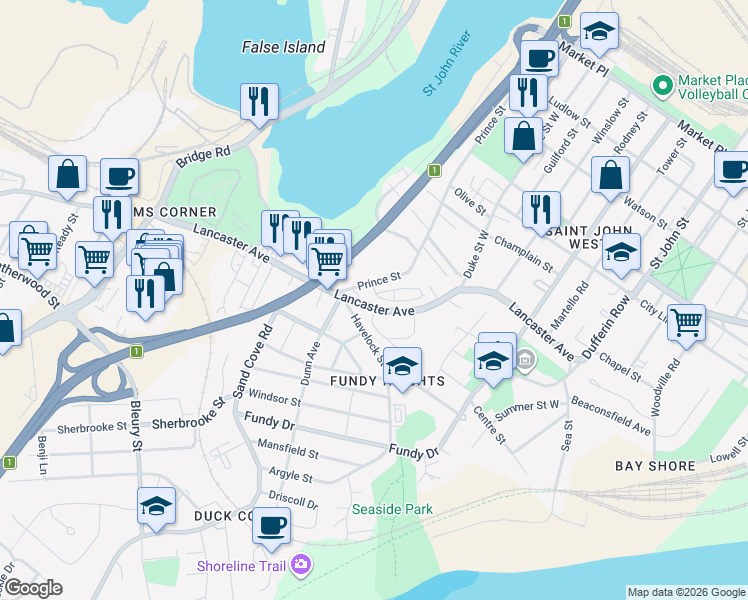map of restaurants, bars, coffee shops, grocery stores, and more near in Saint John