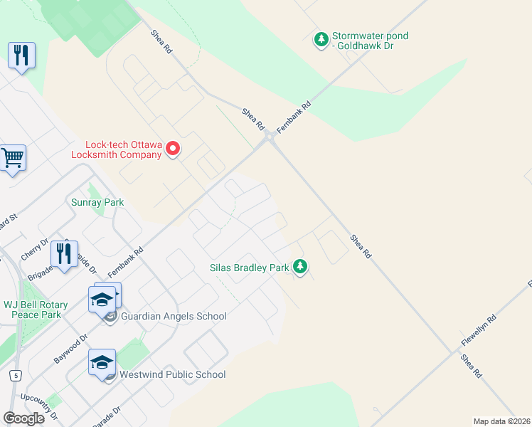 map of restaurants, bars, coffee shops, grocery stores, and more near 621 Taliesin Crescent in Ottawa