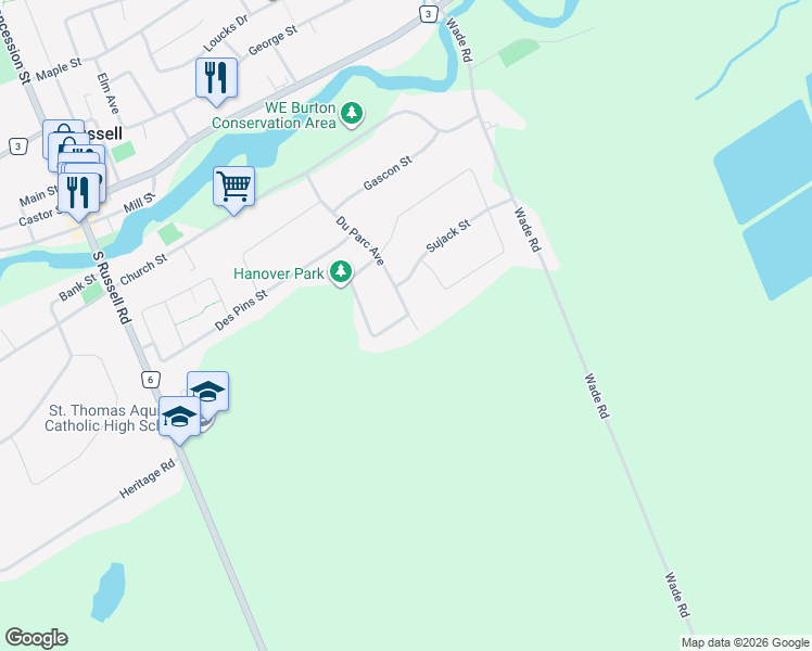 map of restaurants, bars, coffee shops, grocery stores, and more near 655 Du Parc Avenue in Russell