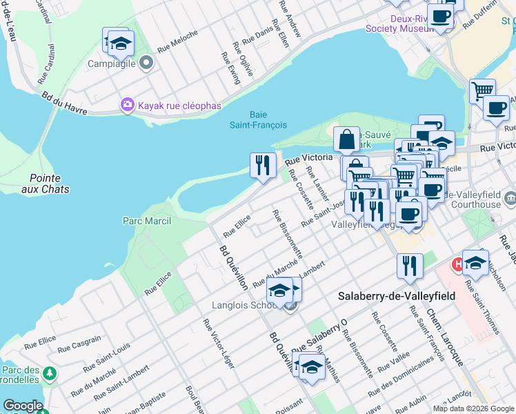 map of restaurants, bars, coffee shops, grocery stores, and more near 142 Rue Ellice in Salaberry-de-Valleyfield