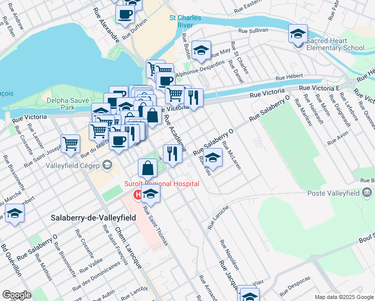 map of restaurants, bars, coffee shops, grocery stores, and more near 671 Rue de l'Académie in Salaberry-de-Valleyfield