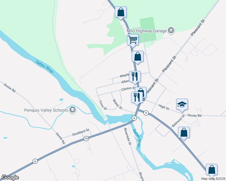 map of restaurants, bars, coffee shops, grocery stores, and more near 9 Crescent Street in Milo