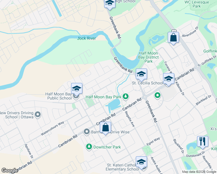 map of restaurants, bars, coffee shops, grocery stores, and more near 3442 River Run Avenue in Ottawa