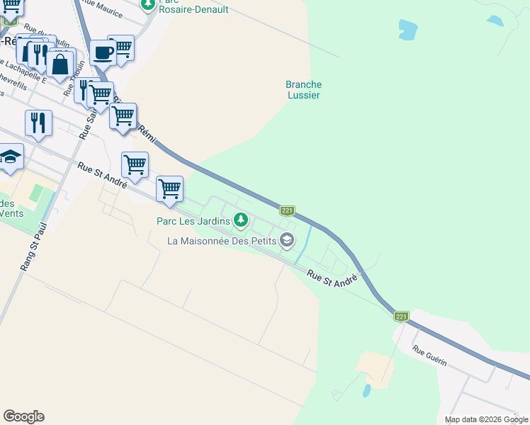 map of restaurants, bars, coffee shops, grocery stores, and more near 1017 Avenue des Jardins in Saint-Rémi