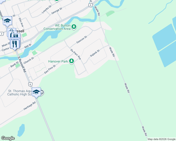 map of restaurants, bars, coffee shops, grocery stores, and more near 655 Du Parc Avenue in Russell