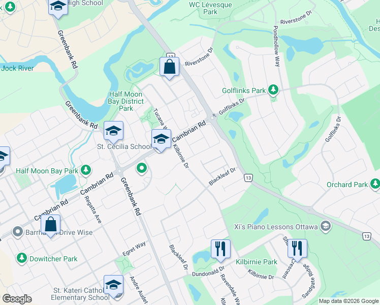 map of restaurants, bars, coffee shops, grocery stores, and more near 103 Goldwood Private in Ottawa