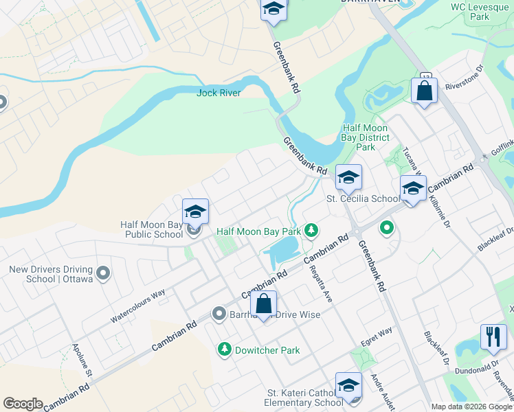 map of restaurants, bars, coffee shops, grocery stores, and more near 3451 River Run Avenue in Ottawa