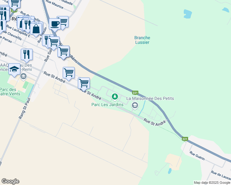 map of restaurants, bars, coffee shops, grocery stores, and more near Avenue des Jardins in Saint-Rémi