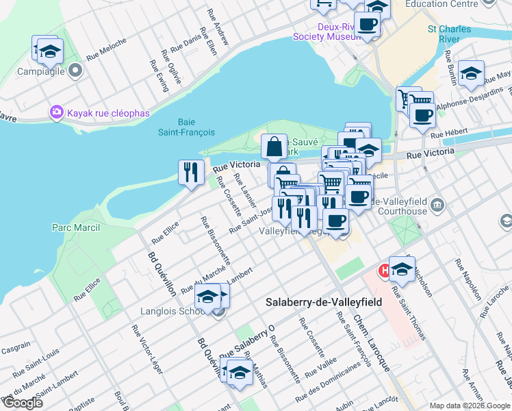 map of restaurants, bars, coffee shops, grocery stores, and more near 33 Rue Sainte-Anne in Salaberry-de-Valleyfield