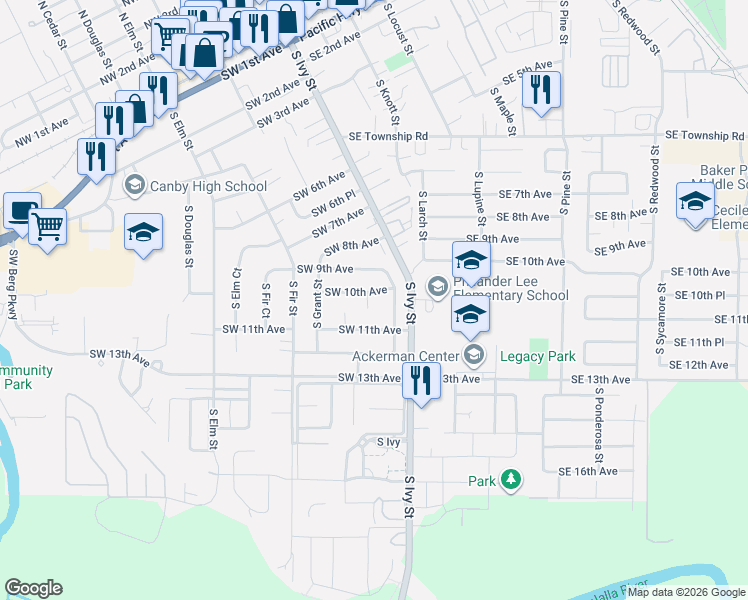 map of restaurants, bars, coffee shops, grocery stores, and more near 1018 South Holly Court in Canby