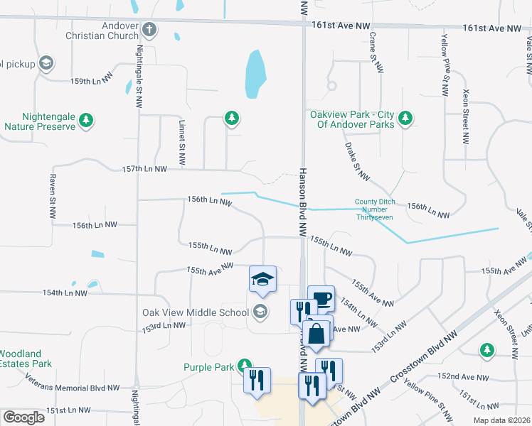 map of restaurants, bars, coffee shops, grocery stores, and more near 1753 156th Lane Northwest in Andover