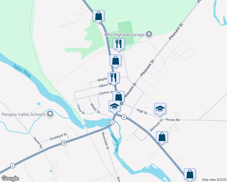 map of restaurants, bars, coffee shops, grocery stores, and more near 25 Park Street in Milo