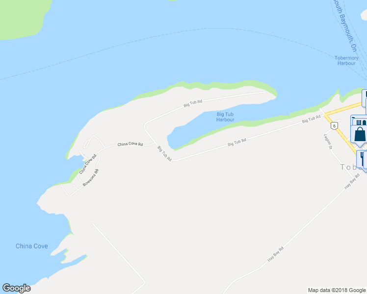 map of restaurants, bars, coffee shops, grocery stores, and more near 124 Big Tub Road in Tobermory