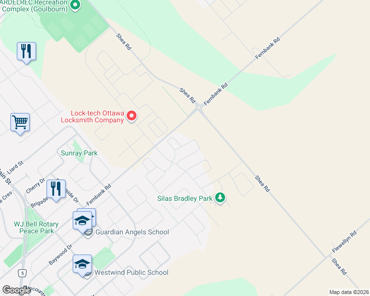 map of restaurants, bars, coffee shops, grocery stores, and more near 112 Jardiniere Street in Ottawa