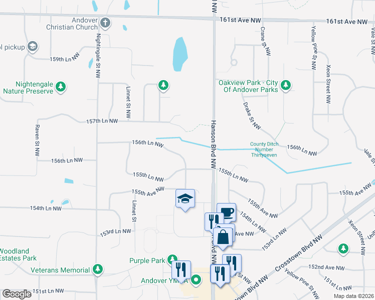 map of restaurants, bars, coffee shops, grocery stores, and more near 1712 157th Lane Northwest in Andover