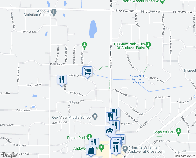 map of restaurants, bars, coffee shops, grocery stores, and more near 1712 157th Lane Northwest in Andover