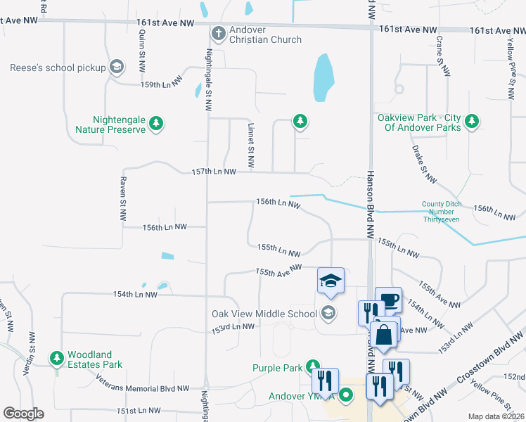 map of restaurants, bars, coffee shops, grocery stores, and more near 1889 156th Lane Northwest in Andover