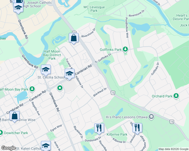 map of restaurants, bars, coffee shops, grocery stores, and more near 577 Ashbourne Crescent in Ottawa
