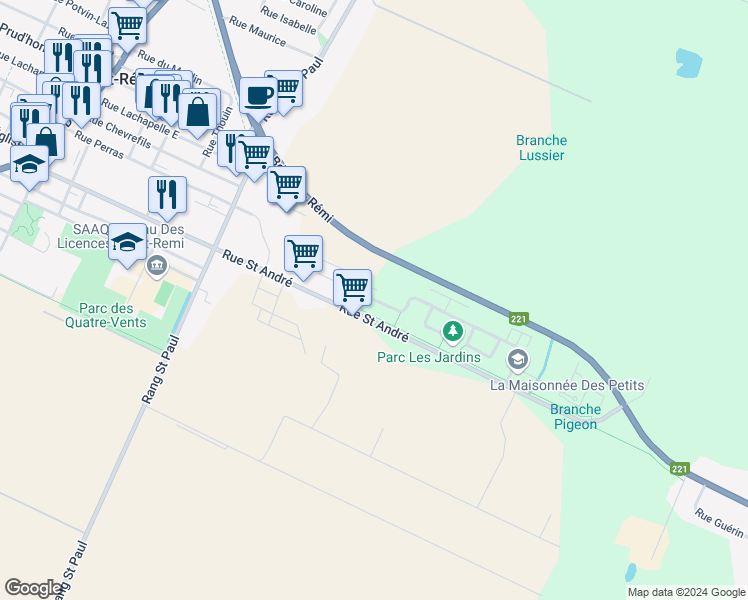 map of restaurants, bars, coffee shops, grocery stores, and more near 404 Avenue des Jardins in Saint-Rémi