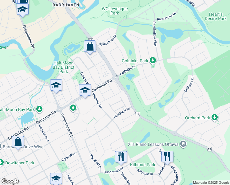 map of restaurants, bars, coffee shops, grocery stores, and more near 575 Ashbourne Crescent in Ottawa