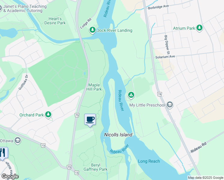 map of restaurants, bars, coffee shops, grocery stores, and more near 5038 Nicolls Island Road in Ottawa