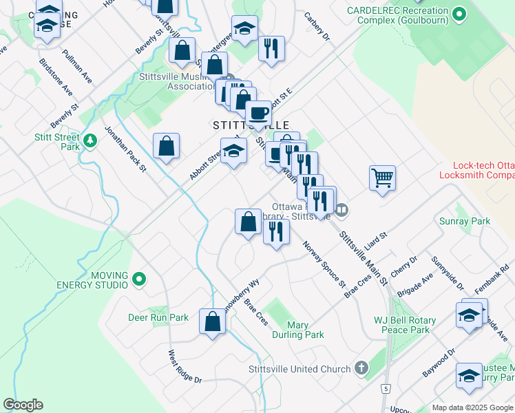 map of restaurants, bars, coffee shops, grocery stores, and more near 101 Brae Crescent in Ottawa