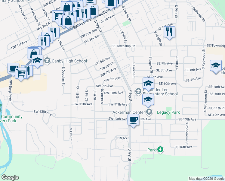 map of restaurants, bars, coffee shops, grocery stores, and more near 240 Southwest 10th Avenue in Canby