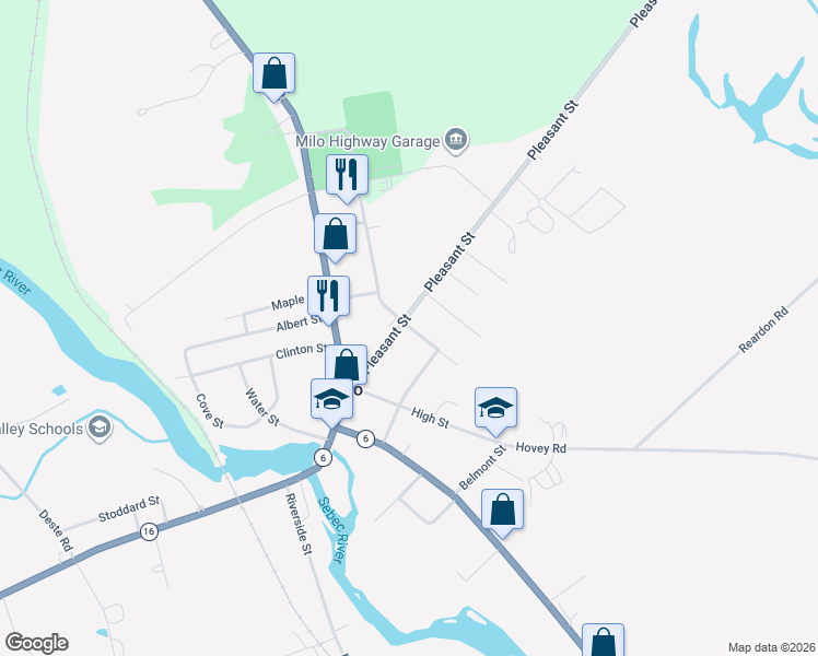 map of restaurants, bars, coffee shops, grocery stores, and more near 17 Pleasant Street in Milo