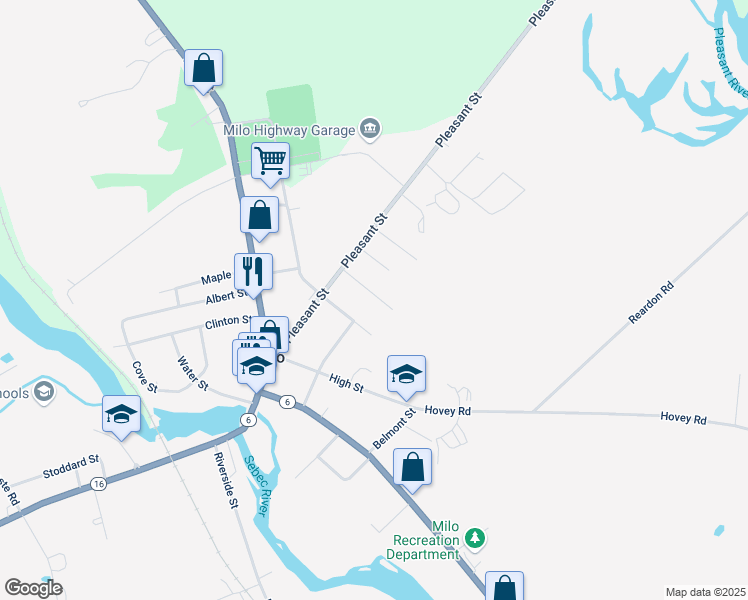 map of restaurants, bars, coffee shops, grocery stores, and more near 13 Willow Street in Milo