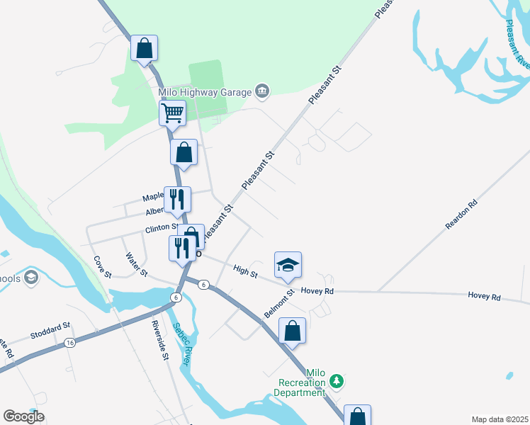 map of restaurants, bars, coffee shops, grocery stores, and more near 13 Willow Street in Milo