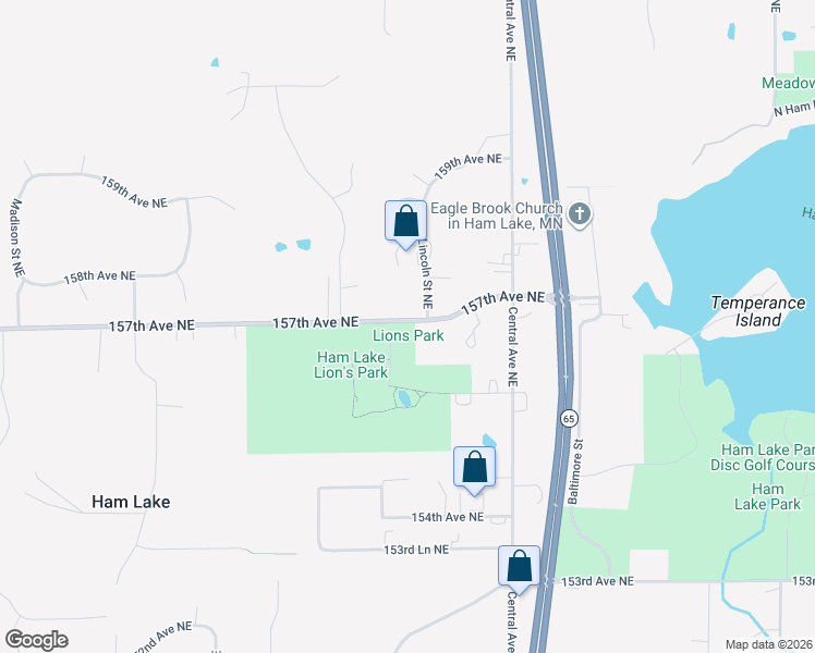map of restaurants, bars, coffee shops, grocery stores, and more near 1204 157th Avenue Northeast in Ham Lake