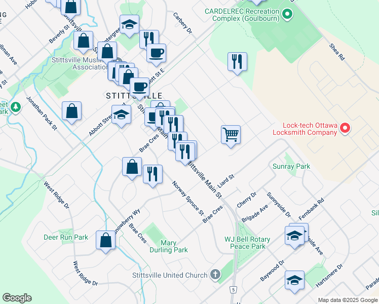 map of restaurants, bars, coffee shops, grocery stores, and more near in Ottawa